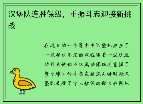 汉堡队连胜保级，重振斗志迎接新挑战