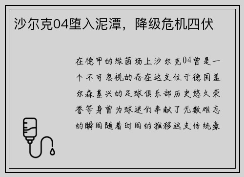 沙尔克04堕入泥潭，降级危机四伏