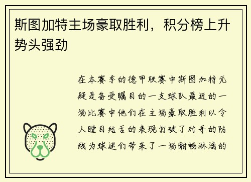 斯图加特主场豪取胜利，积分榜上升势头强劲