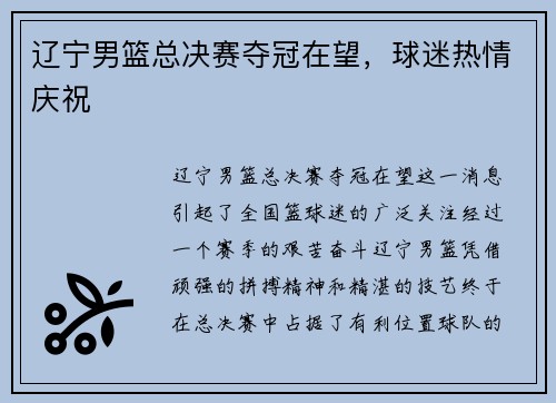 辽宁男篮总决赛夺冠在望，球迷热情庆祝
